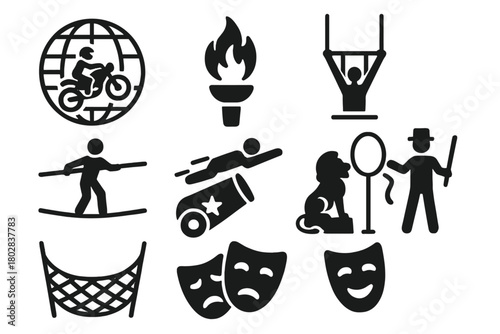 Circus Daredevils Icons. Solid style icons of Circus Daredevils: motorcycle cage, flaming torch, trapeze, tightrope, cannon stunt,