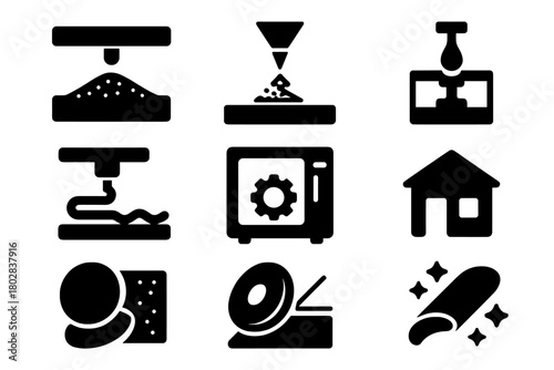 Additive Manufacturing Icons. Solid style icons of Additive Manufacturing: powder bed, laser beam, resin vat, build chamber, fused