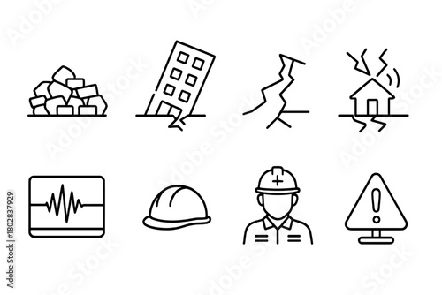 Earthquake Damage Icons. Line style icons of Earthquake Damage: Rubble, Collapsed Building, Cracked Ground, Aftershock, Seismogram