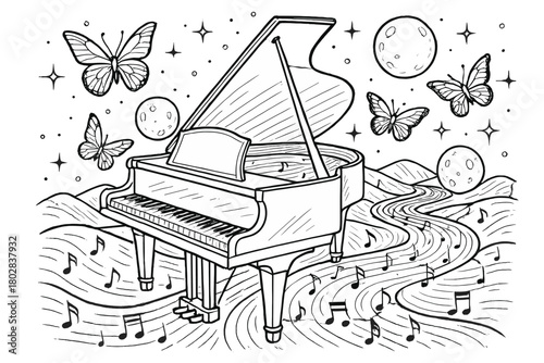 Surreal Musical Landscape. Grand piano opening into a surreal landscape with rivers of notes, butterflies, and glowing moons,