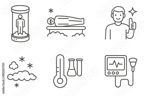 Cryonics Icons. Line style icons of Cryonics: Preservation Chamber, Frozen Body, Future Revival, Optimism, Frost Layer,