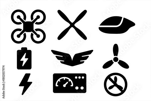 eVTOL Aircraft Icons. Solid style icons of eVTOL aircraft: quadcopter, rotor blades, cockpit, battery, wings, propeller, lightning