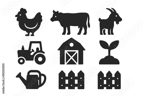 Farm Fresh Icons. Solid style icons of farm fresh: chicken, cow, goat, tractor, barn, sprout, watering can, fence, No text, No