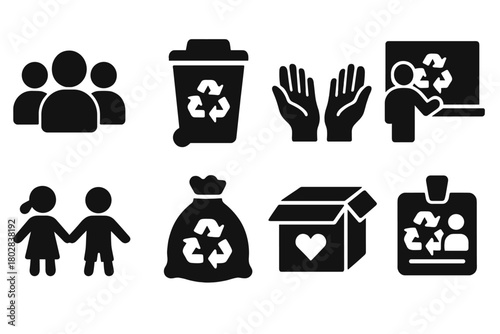 Community Recycling Icons. Solid style icons of community recycling: group of people, shared bin, open hands, classroom board,