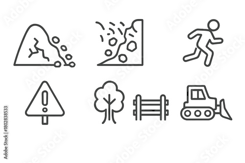 Landslide Line Icons. Line style icons of Extreme Landslide: Slumping Ground, Debris Flow, Rockfall, Evacuation, Warning Sign,