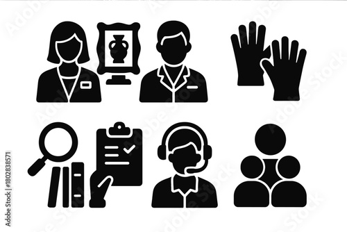 Museum Professional Icons. Solid style icons of museum professionals: curator, lab coat figure, gloves, magnifying glass,