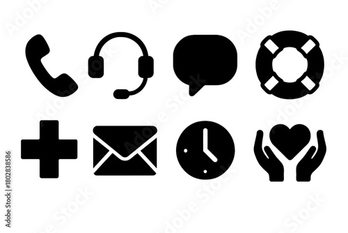 Crisis Helpline Icons. Solid style icons of crisis helplines: phone, headset, speech bubble, lifebuoy, emergency cross, envelope,