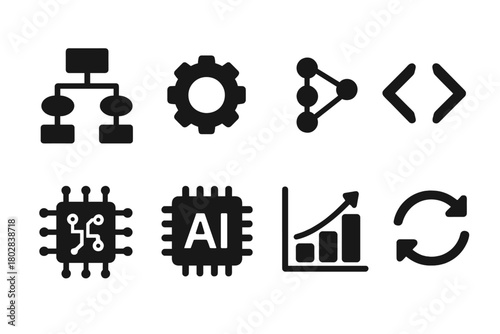 Driving Algorithms Icons. Solid style icons of driving algorithms: flowchart, gear, neural network, code brackets, circuit board,