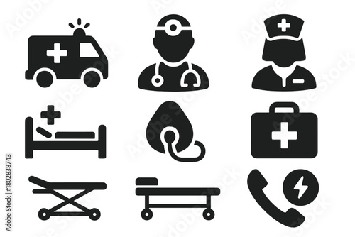Medical Response Icons. Solid style icons of medical response: ambulance, doctor, nurse, hospital bed, oxygen mask, first aid kit,