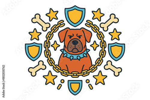 Protective Dog Mandala. Guard dog in the middle with shields, stars, chains, and bones radiating outward in protective mandala