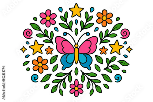 Vibrant Butterfly Mandala. Butterfly in the middle with stars, flowers, swirls, and leaves radiating outward in symmetrical
