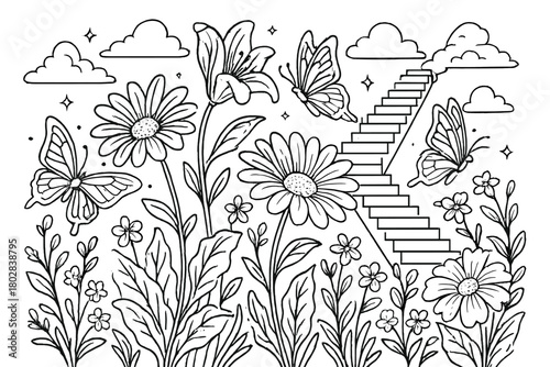 Dream Garden Escape. Peaceful dream garden with oversized flowers, glowing butterflies, and staircases into the sky, black and