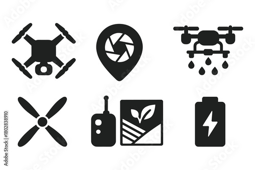 Agricultural Drone Icons. Solid style icons of agricultural drones: quadcopter, camera lens, GPS pin, spraying nozzle, propeller,