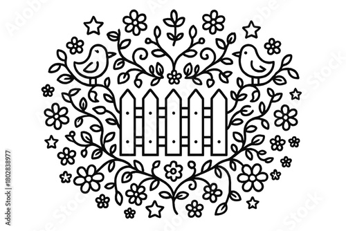 Garden Mandala Coloring. Fence in the middle with vines, birds, flowers, and stars radiating outward in garden mandala pattern,