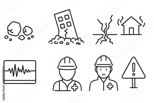 Earthquake Damage Icons. Line style icons of Earthquake Damage: Rubble, Collapsed Building, Cracked Ground, Aftershock, Seismogram
