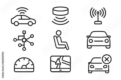 Autonomous Vehicle Icons. Line style icons of Autonomous Vehicle: Autonomous Car, Lidar, Sensor Array, Algorithm, Passenger, Car