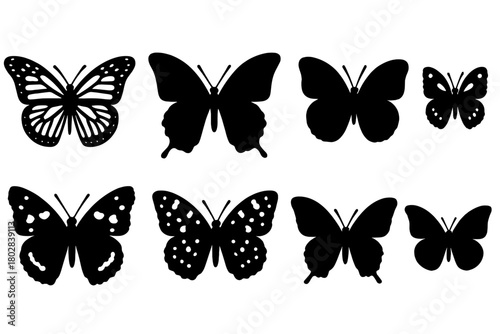 Solid Butterfly Icons. Solid style icons of Butterfly Species: monarch, swallowtail, morpho, painted lady, admiral, fritillary,