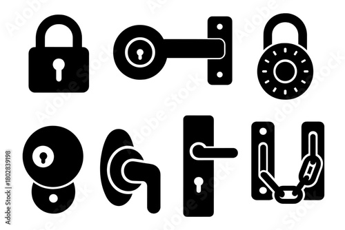 Solid Lock Icons. Solid style icons of Security Locks: padlock, deadbolt, door latch, combination lock, disc detainer, cam lock,