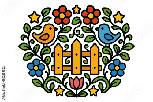 Garden Mandala Illustration. Fence in the middle with vines, birds, flowers, and stars arranged in garden mandala style, bright