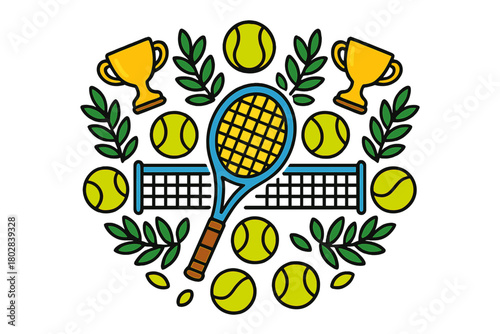 Tennis Sports Mandala. Tennis racket in the center with balls, nets, trophies, and laurel leaves forming a decorative sports