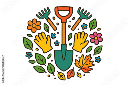 Garden Tool Mandala. Garden shovel in the middle with rakes, gloves, leaves, and flowers arranged in playful circular mandala,