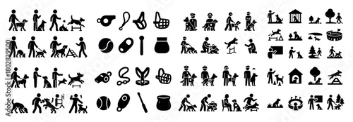 Dog training and care icons set