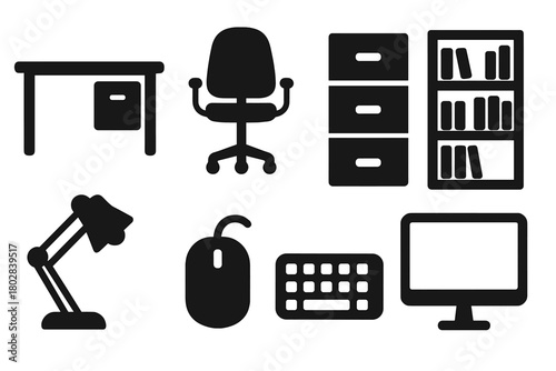 Workspace Essentials Icons. Solid style icons of workspace essentials: desk, swivel chair, filing cabinet, bookshelf, desk lamp,