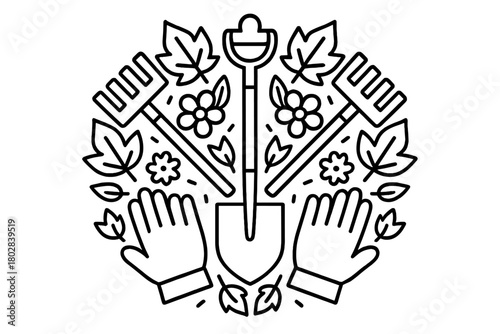 Garden Tools Mandala. Shovel in the middle with rakes, gloves, leaves, and flowers arranged in a mandala composition, black and