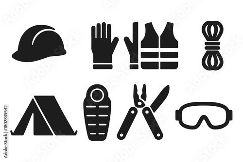 Readiness Supplies Icons. Solid style icons of readiness supplies: helmet, gloves, safety vest, rope, tent, sleeping bag,