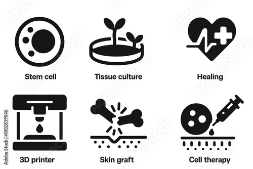 Regenerative Medicine Icons. Solid style icons of Regenerative Medicine: stem cell, tissue culture, lab-grown organ, healing