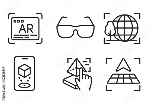 Augmented Reality Icons. Line style icons of Augmented Reality: AR Interface, Glasses, Overlay Data, Physical World, Smartphone,