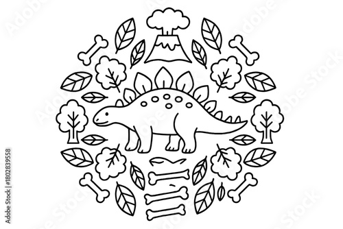 Stegosaurus Mandala Design. Stegosaurus in the center with leaves, trees, volcano smoke, and bones forming a balanced mandala
