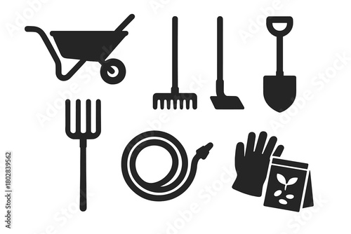Shared Garden Tools Icons. Solid style icons of shared garden tools: wheelbarrow, rake, hoe, spade, garden fork, watering hose,
