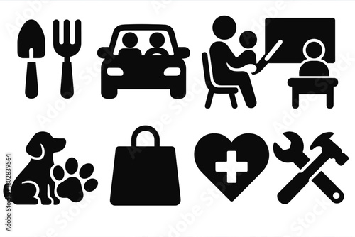 Shared Services Icons. Solid style icons of shared services: gardening tools, carpool, babysitting, tutoring, pet care, home