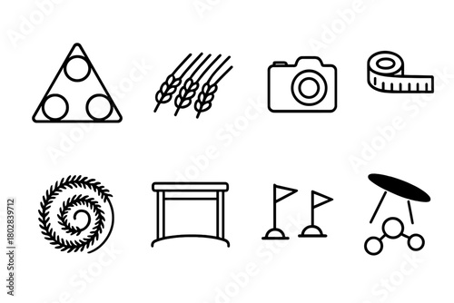 Crop Circle Icons. Line style icons of Crop Circle: Triangle Formation, Flattened Oats, Camera, Tape Measure, Wheat Spiral,