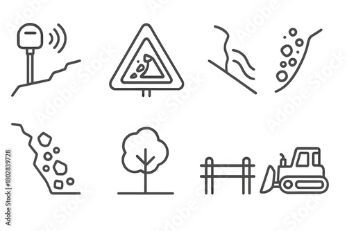 Landslide Monitoring Icons. Line style icons of Landslide Monitoring: Sensor, Warning Sign, Slumping Ground, Debris Flow, Rockfall