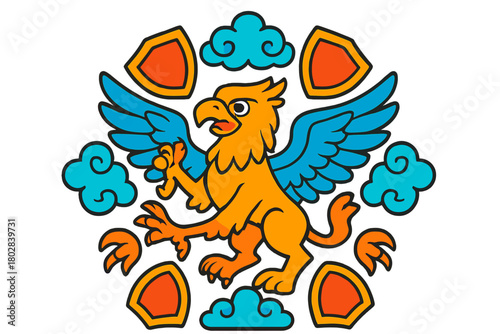 Heroic Griffin Mandala. Griffin in the middle with wings, shields, claws, and clouds arranged in heroic mandala style, bright
