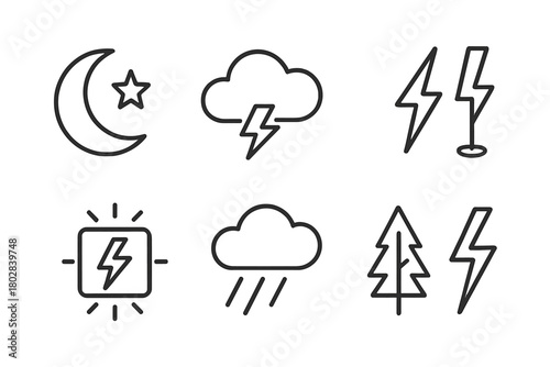 Lightning Night Icons. Line style icons of Lightning Night: Moon, Thundercloud, Bolt, Rod, Power Surge, Rain, Tree, Flash, No text