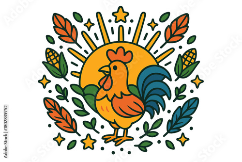 Rooster Sunrise Mandala. Rooster in the middle with sun rays, feathers, corn, and stars forming a sunrise farm mandala, bright