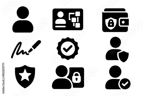 Digital Identity Icons. Solid style icons of Digital Identity: avatar profile, blockchain ID, secure wallet, digital signature,