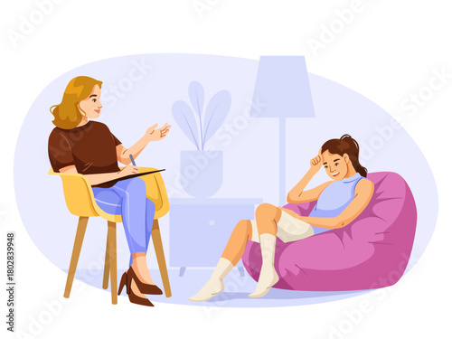 Woman therapist and a teenage girl having a session in a cozy room with soft lighting and furniture, counseling and mental health concept. Vector illustration