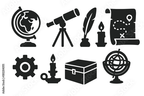 Scientific Heritage Icons. Solid style icons of Scientific Heritage: ancient globe, old telescope, ink quill, parchment chart,