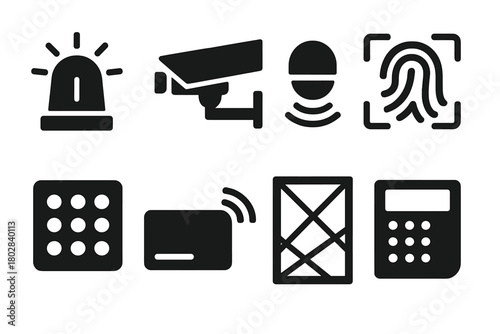 Security System Icons. Solid style icons of Security Systems: alarm siren, CCTV camera, motion sensor, biometric scanner, keypad,