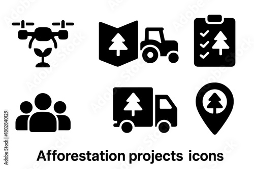 Afforestation Project Icons. Solid style icons of afforestation projects: drone, map, tractor, clipboard checklist, sapling, team