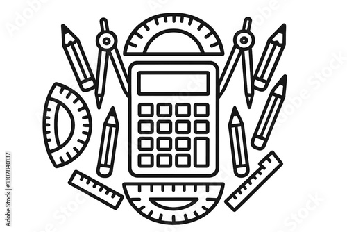 Math Tools Composition. Calculator in the middle surrounded by protractors, compasses, rulers, and pencils forming a balanced