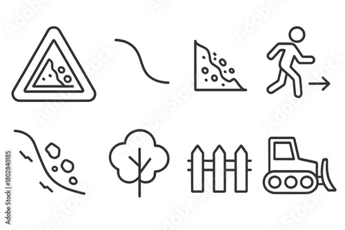 Landslide Risk Icons. Line style icons of Landslide Risk: Warning Sign, Slumping Ground, Debris Flow, Evacuation, Rockfall, Tree,