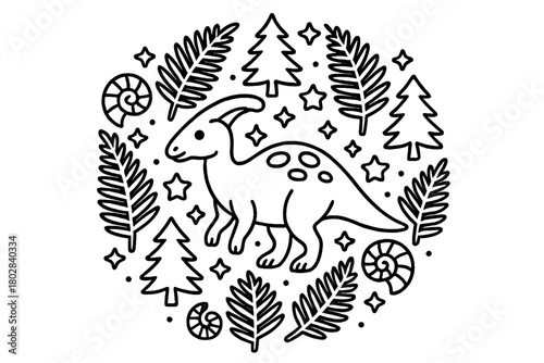Dinosaur Mandala Coloring Page. Parasaurolophus in the center with ferns, stars, trees, and fossil shells radiating outward in