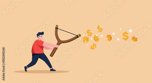 Man launching money with slingshot, financial investment concept.