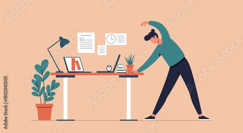 Man stretching at his desk, taking a break from work.