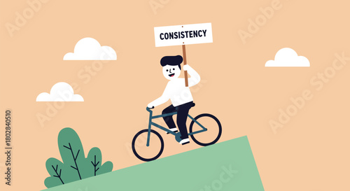 Man riding bicycle uphill holding consistency sign for motivation.